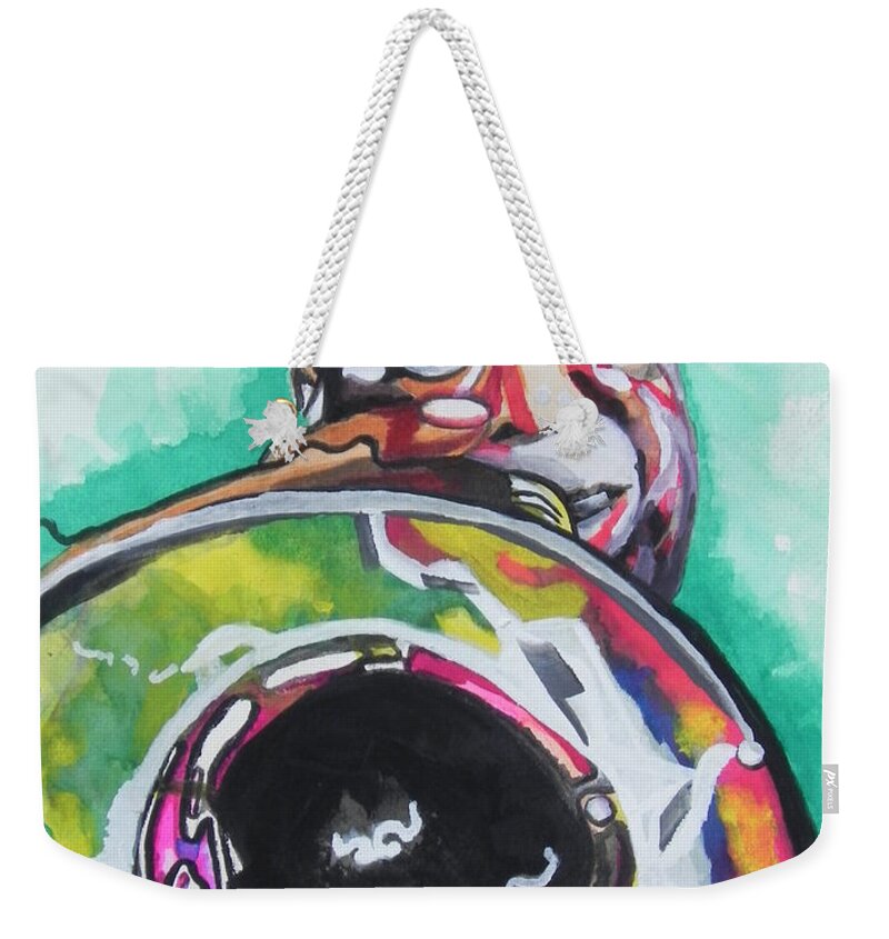 Watercolor Painting Weekender Tote Bag featuring the painting Louis Armstrong by Chrisann Ellis