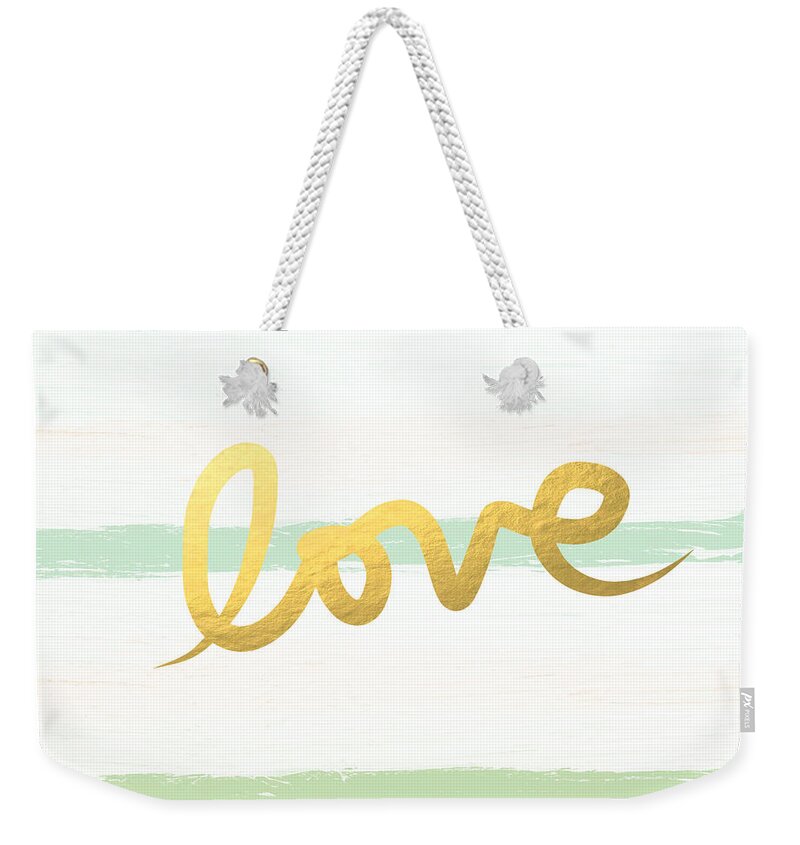 Love Weekender Tote Bag featuring the painting Love in Mint and Gold by Linda Woods