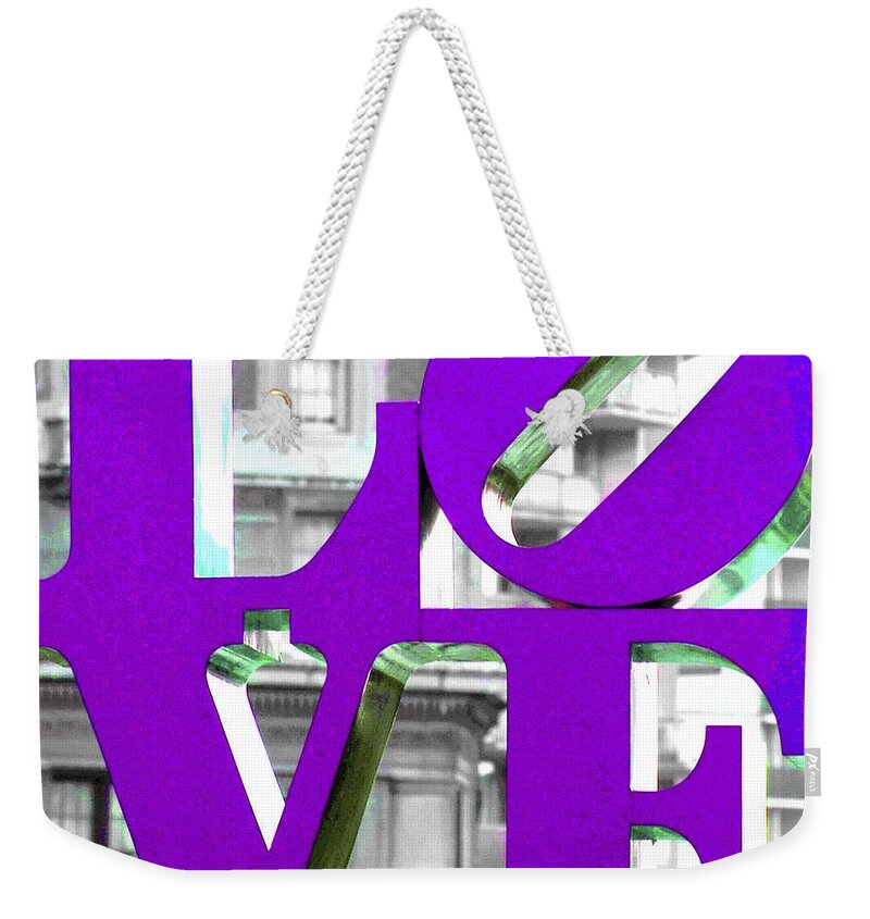 Love Philadelphia Pink Weekender Tote Bag featuring the photograph LOVE Philadelphia Purple by Terry DeLuco