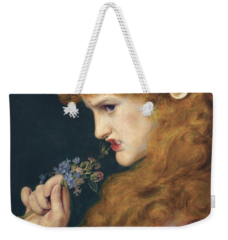 Frederick Sandys Weekender Tote Bag featuring the painting Loves Shadow by Frederick Sandys