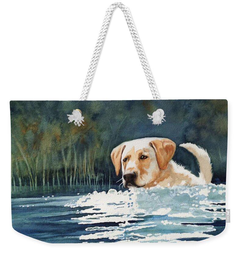 Golden Lab Weekender Tote Bag featuring the painting Loves the Water by Marilyn Jacobson