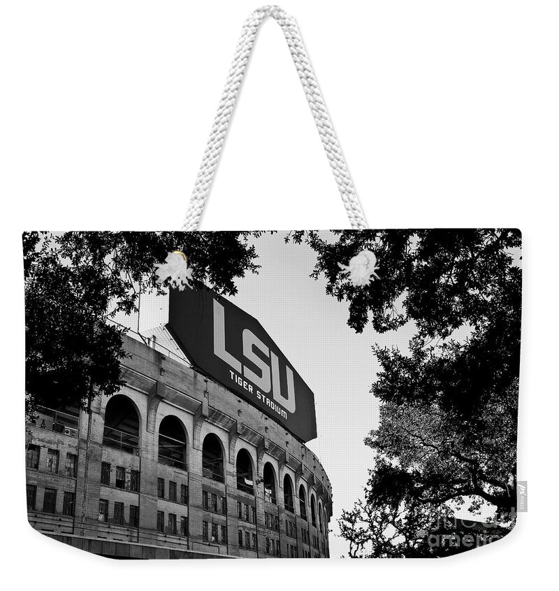 Black&white Weekender Tote Bag featuring the photograph LSU Through the Oaks by Scott Pellegrin