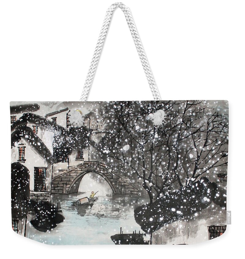 Chinese Brush Painting Weekender Tote Bag featuring the painting Lucky Snow by Yufeng Wang