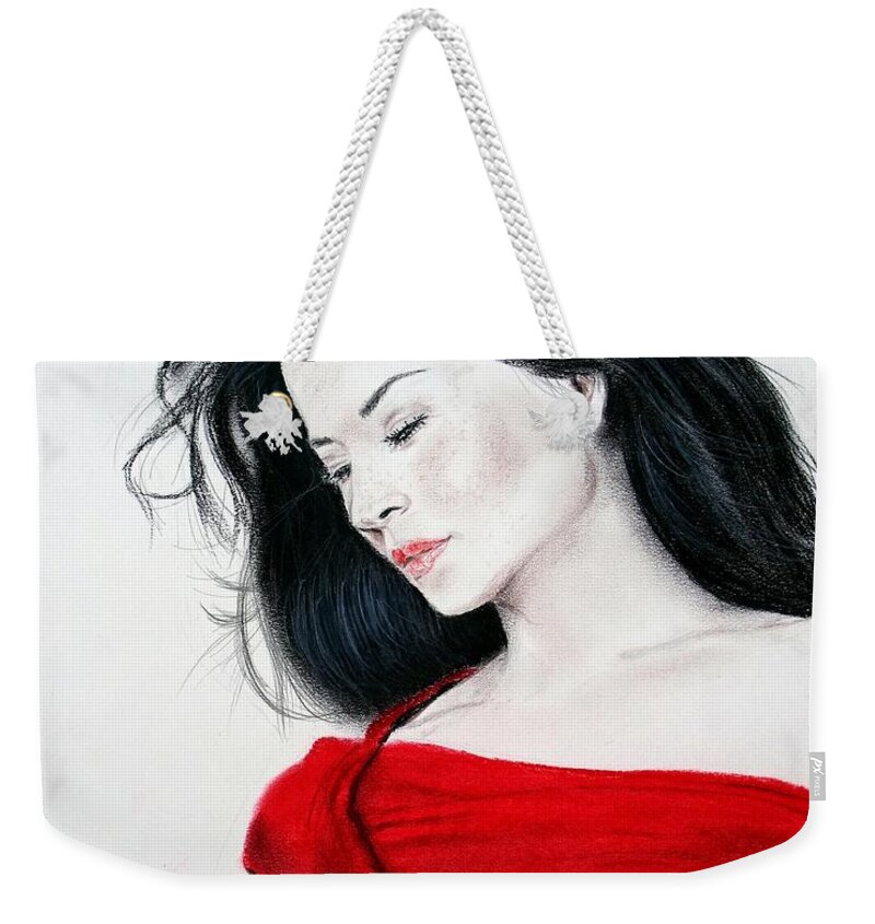 Drawing Weekender Tote Bag featuring the mixed media Lucy Liu the Lady in Red by Jim Fitzpatrick
