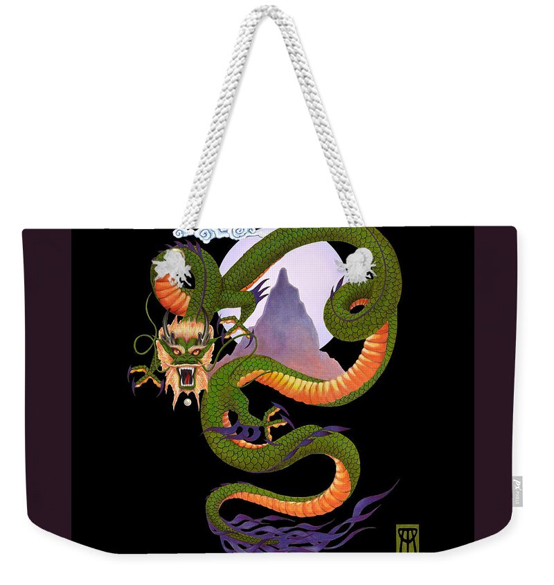 Dragon Weekender Tote Bag featuring the digital art Lunar Chinese Dragon on Black by Melissa A Benson
