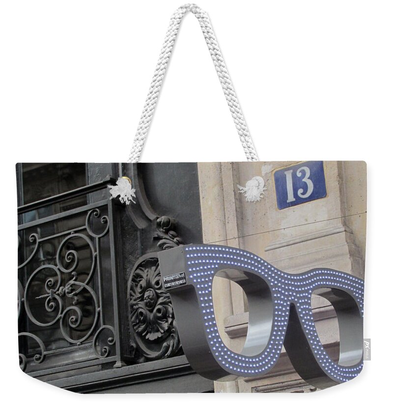 Glasses Weekender Tote Bag featuring the photograph Lunettes violet by Lynellen Nielsen