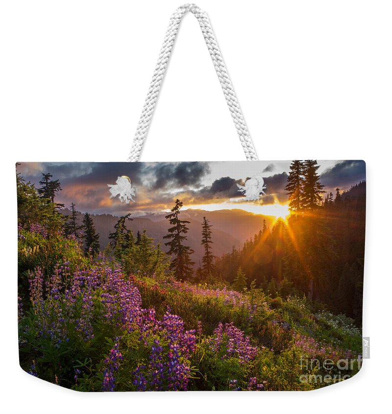 Mount Baker Weekender Tote Bag featuring the photograph Lupine Meadows Sunstar by Mike Reid
