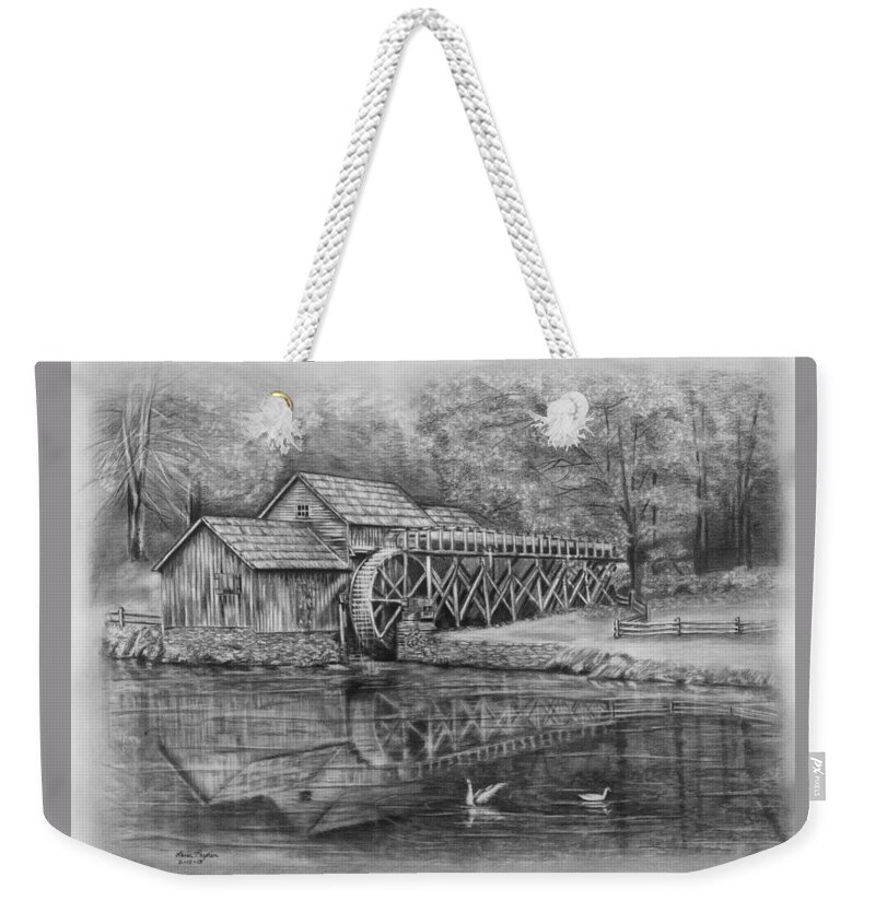 Pencil Weekender Tote Bag featuring the drawing Mabry Mill Pencil Drawing by Lena Auxier