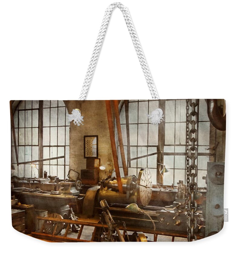 Machinist Weekender Tote Bag featuring the photograph Machinist - The crowded workshop by Mike Savad