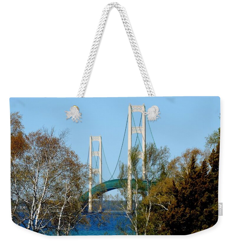 Bridges Weekender Tote Bag featuring the photograph Mackinac Bridge Birches by Keith Stokes