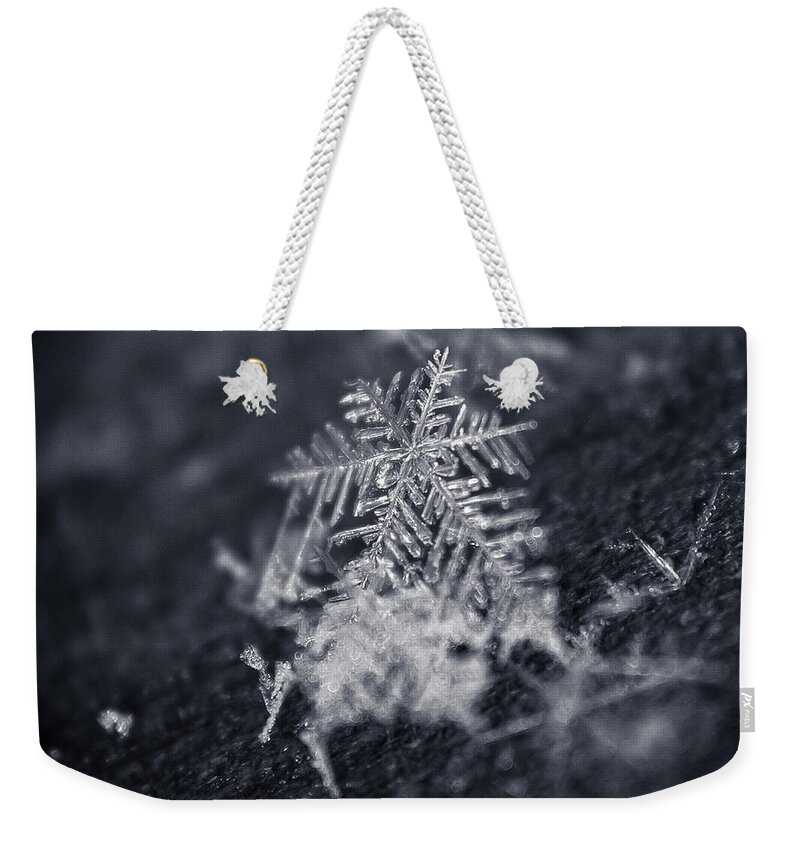 Macro Weekender Tote Bag featuring the photograph Macro Snowflake by Amber Flowers