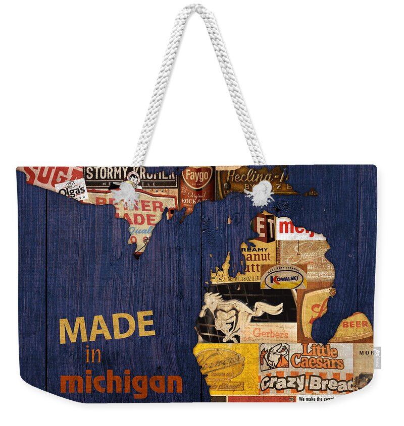 Made In Michigan Products Vintage Map On Wood Kelloggs Better Made Faygo Ford Chevy Gm Little Caesars Strohs Pioneer Sugar Lazy Boy Detroit Lansing Grand Rapids Flint Mustang Meijer Olgas Vernors Gerber Kowalski Sausage Corn Flakes Weekender Tote Bag featuring the mixed media Made in Michigan Products Vintage Map on Wood by Design Turnpike