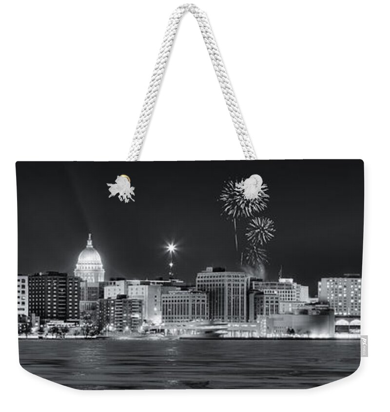 Capitol Weekender Tote Bag featuring the photograph Madison - Wisconsin - New Years Eve Panorama Black and White by Steven Ralser