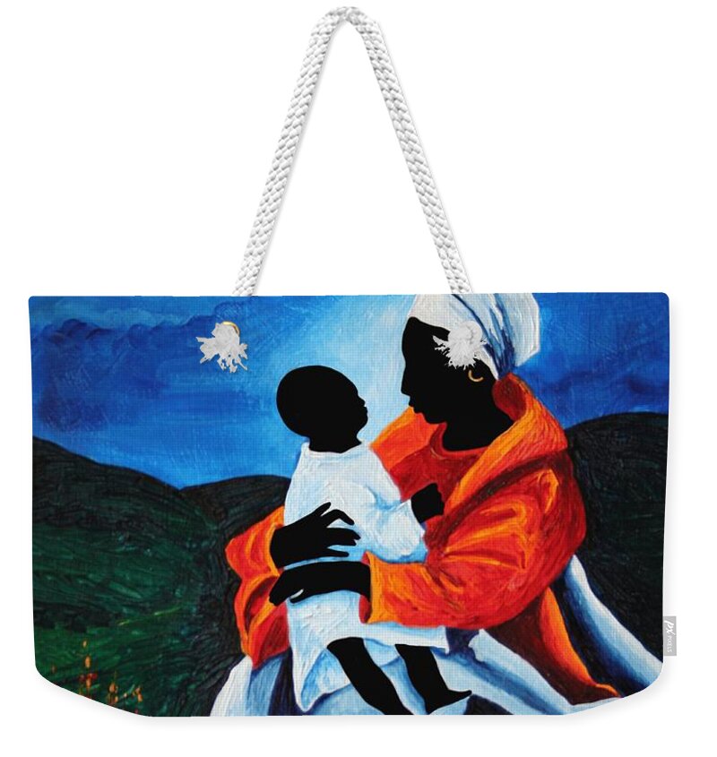 Female Weekender Tote Bag featuring the painting Madonna And Child First Words by Patricia Brintle