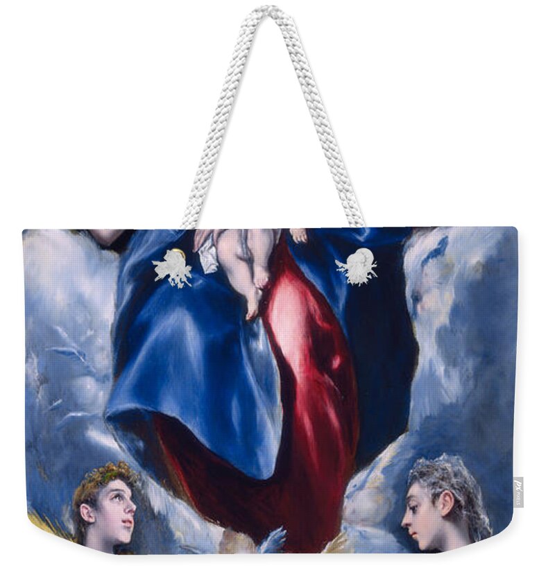 Angels; Lamb; Lion; Virgin Mary; Baby; Jesus Christ; Religion; Cloud; Saints; Mannerism; Renaissance; Winged; Wings; Praying; Adoration; Palm Weekender Tote Bag featuring the painting Madonna and Child with Saint Martina and Saint Agnes by El Greco Domenico Theotocopuli