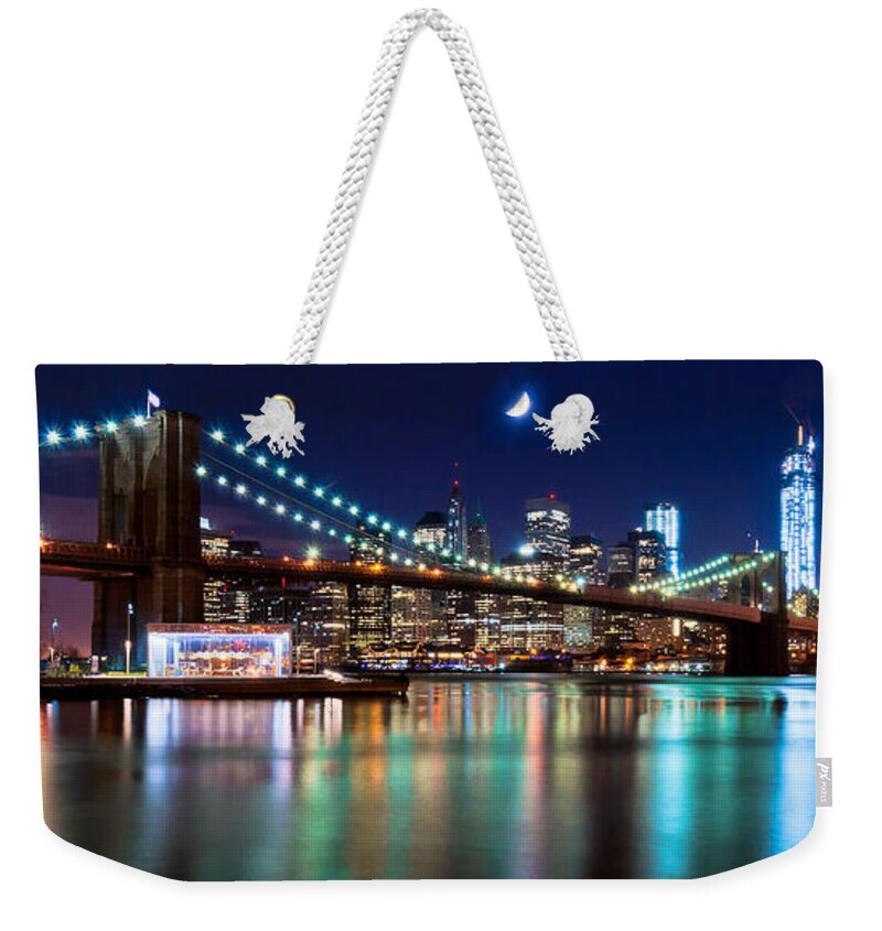 Amazing Brooklyn Bridge Weekender Tote Bag featuring the photograph Magical New York Skyline Panorama by Mitchell R Grosky