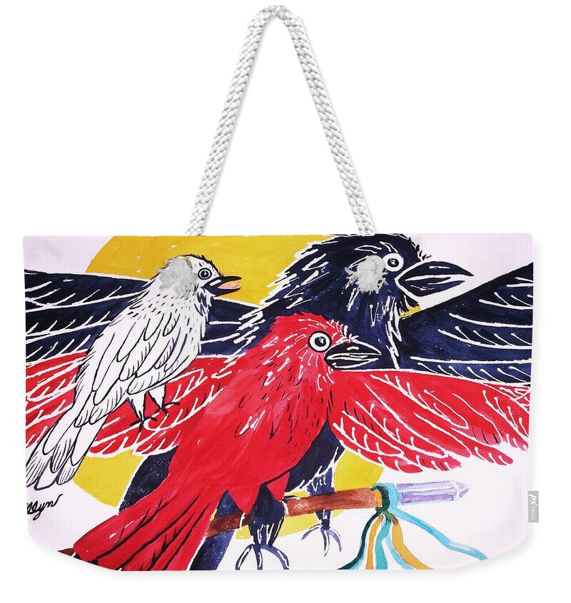 Raven Weekender Tote Bag featuring the painting Raven as Maiden Mother and Crone by Ellen Levinson