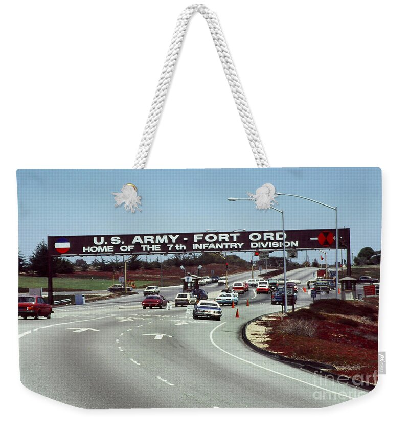 7th Inf. Div Weekender Tote Bag featuring the photograph Main Gate 7th Inf. Div Fort Ord Army Base Monterey Calif. 1984 Pat Hathaway Photo by Monterey County Historical Society