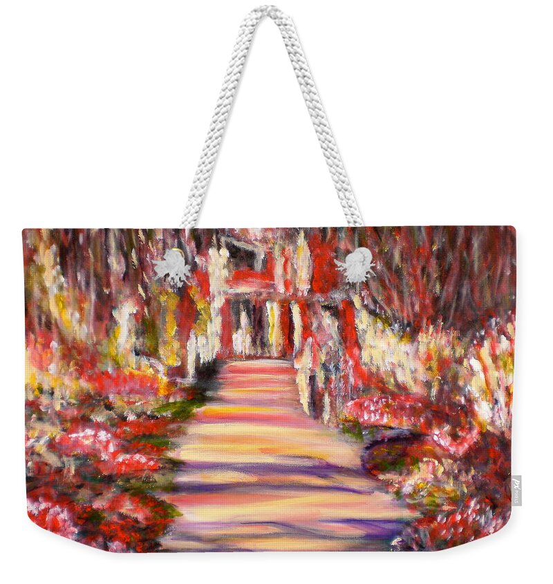 Garden Impressionist Red Yellow Blue Pink Flowers Romantic Reflections Landscape Monet Black Weekender Tote Bag featuring the painting Majestic Garden by Manjiri Kanvinde