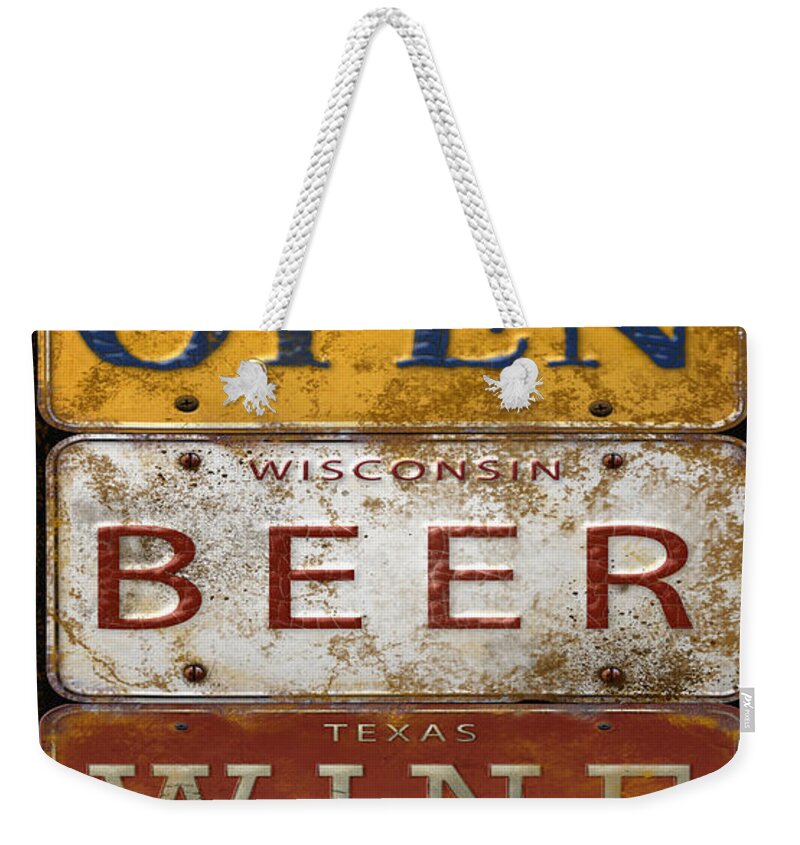 Jean Plout Weekender Tote Bag featuring the digital art Bar Open-License Plate Art by Jean Plout