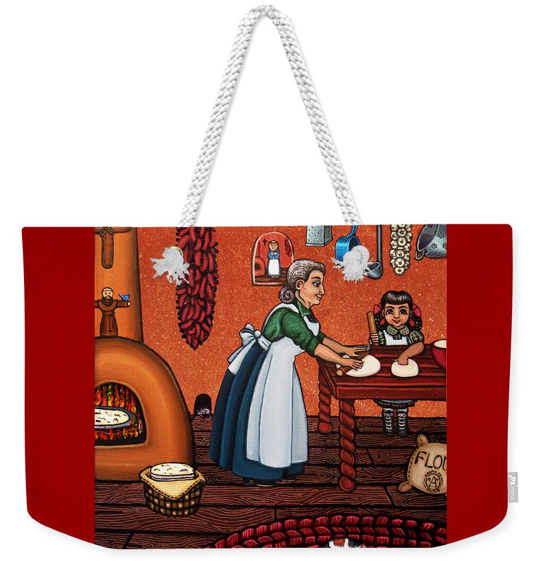 Cook Weekender Tote Bag featuring the painting Making Tortillas by Victoria De Almeida