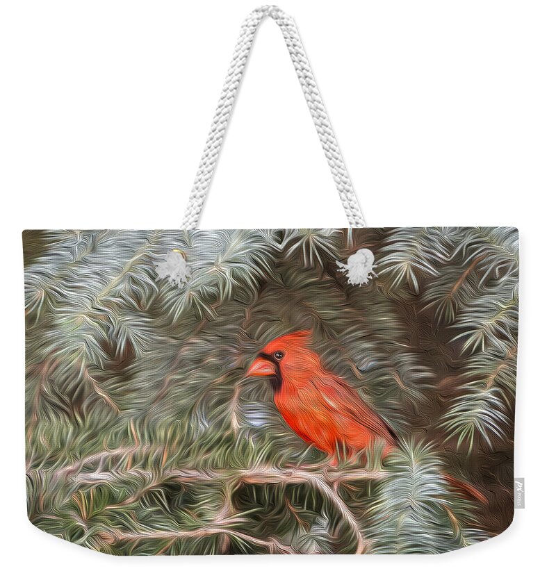 Cardinal Weekender Tote Bag featuring the photograph Male Cardinal in Spruce Tree by Patti Deters