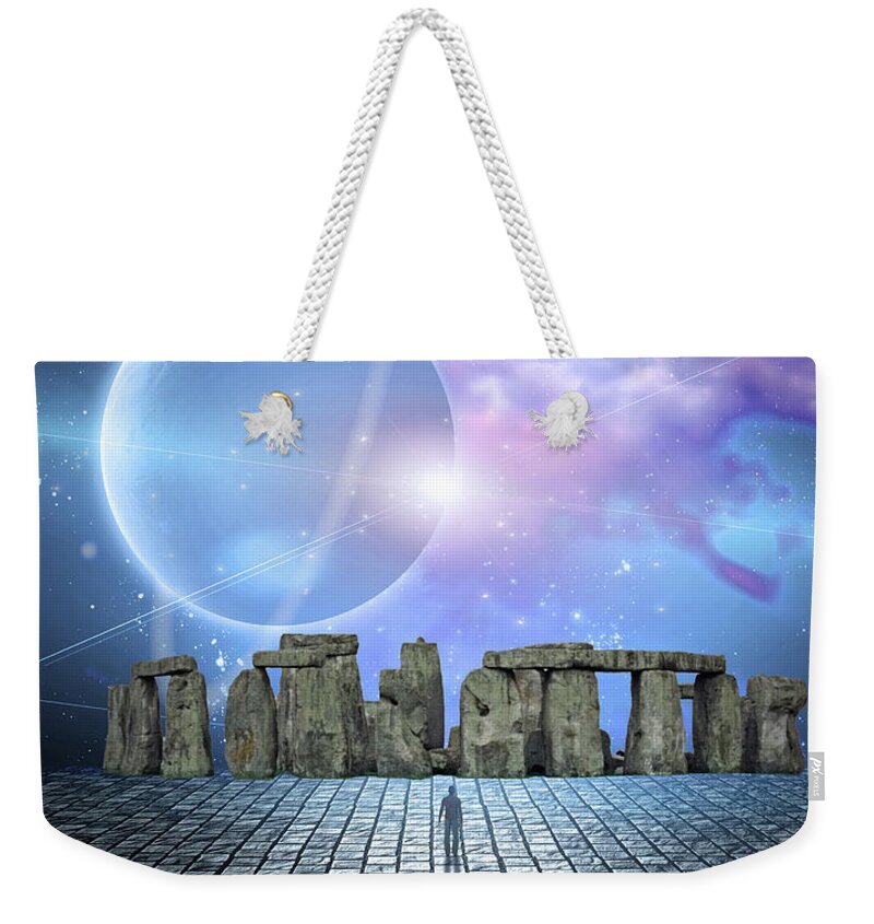 Ancient Weekender Tote Bag featuring the digital art Man before stone structure by Bruce Rolff