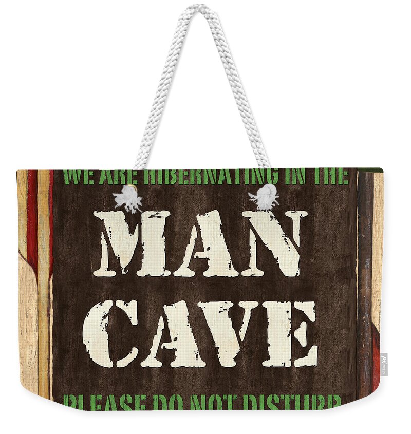 Man Weekender Tote Bag featuring the painting Man Cave Do Not Disturb by Debbie DeWitt