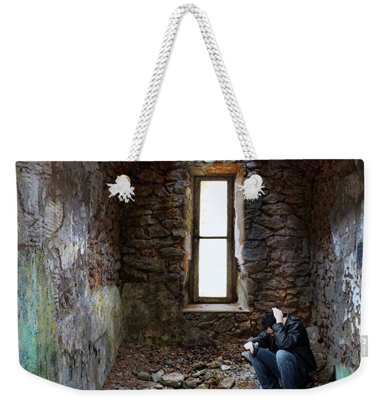Man Weekender Tote Bag featuring the photograph Man in Abandoned Building by Jill Battaglia