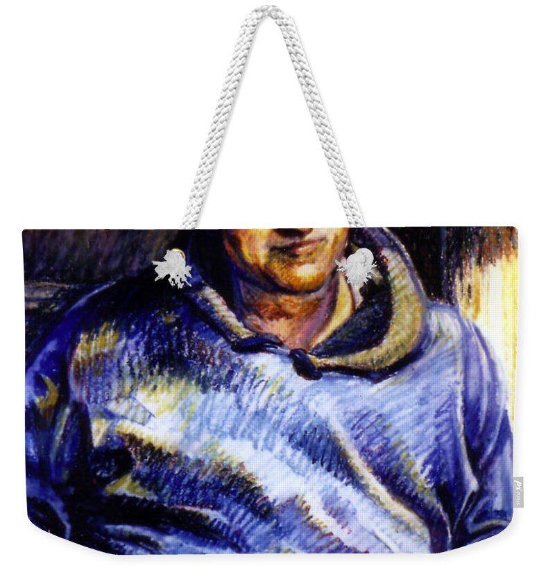 Man Weekender Tote Bag featuring the pastel Man In Barn by Stan Esson