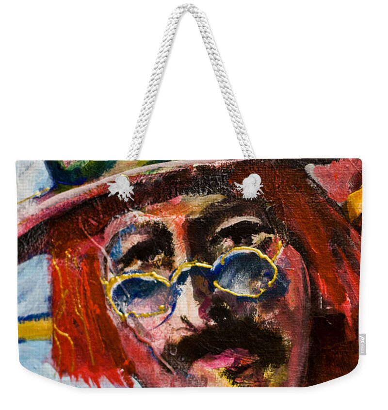 Male Face Weekender Tote Bag featuring the painting Man with accordion-detail from Three Red Musicians by Maxim Komissarchik
