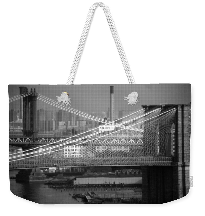 Bridges Weekender Tote Bag featuring the photograph Manhattan and Brooklyn Bridge's by John Schneider