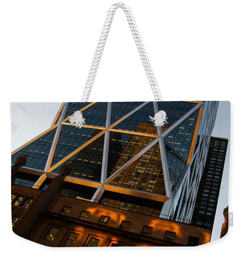 Skyscraper Weekender Tote Bag featuring the photograph Manhattan Blues and Oranges by Georgia Mizuleva