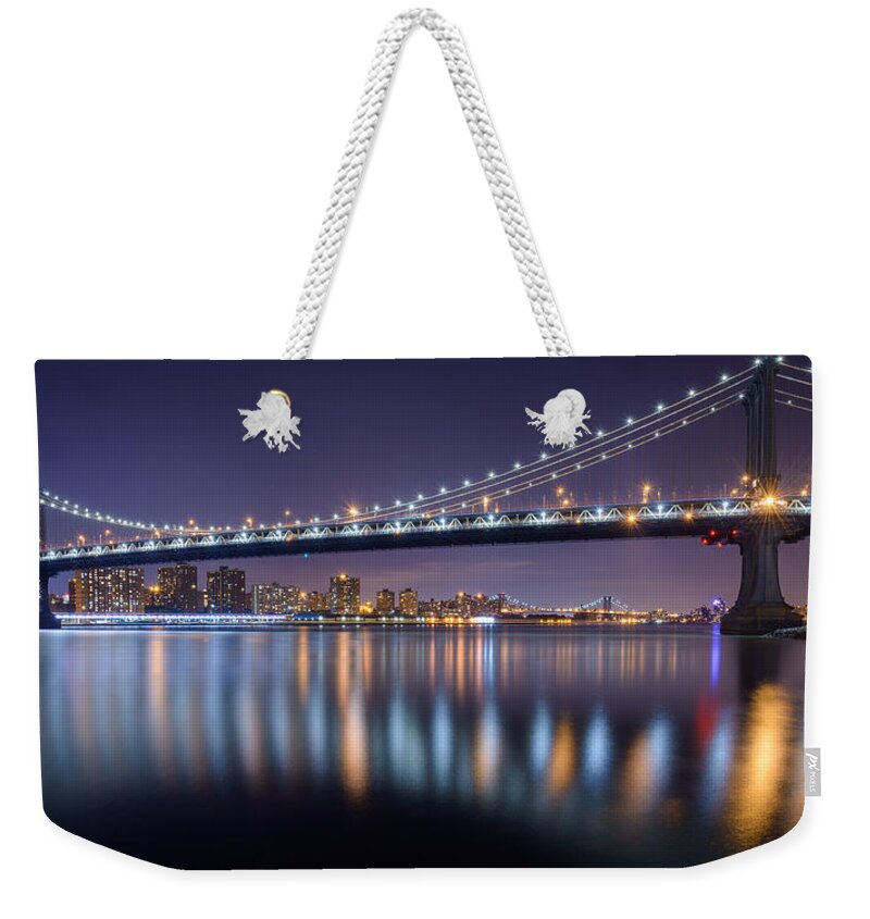 Manhattan Bridge Weekender Tote Bag featuring the photograph Manhattan Reflections by Mark Rogers