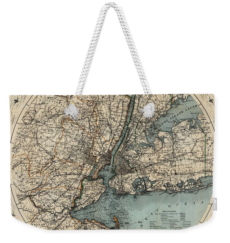 New York Weekender Tote Bag featuring the photograph Map of New York 1891 by Andrew Fare
