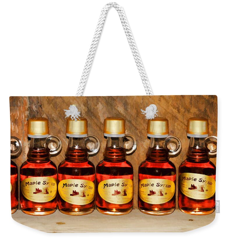Maple Weekender Tote Bag featuring the photograph Maple Syrup bottles - painterly by Les Palenik