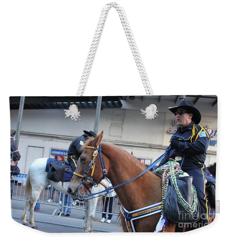 Mardi Gras Weekender Tote Bag featuring the photograph Mardi Gras Cowboy on Horseback by Bev Conover