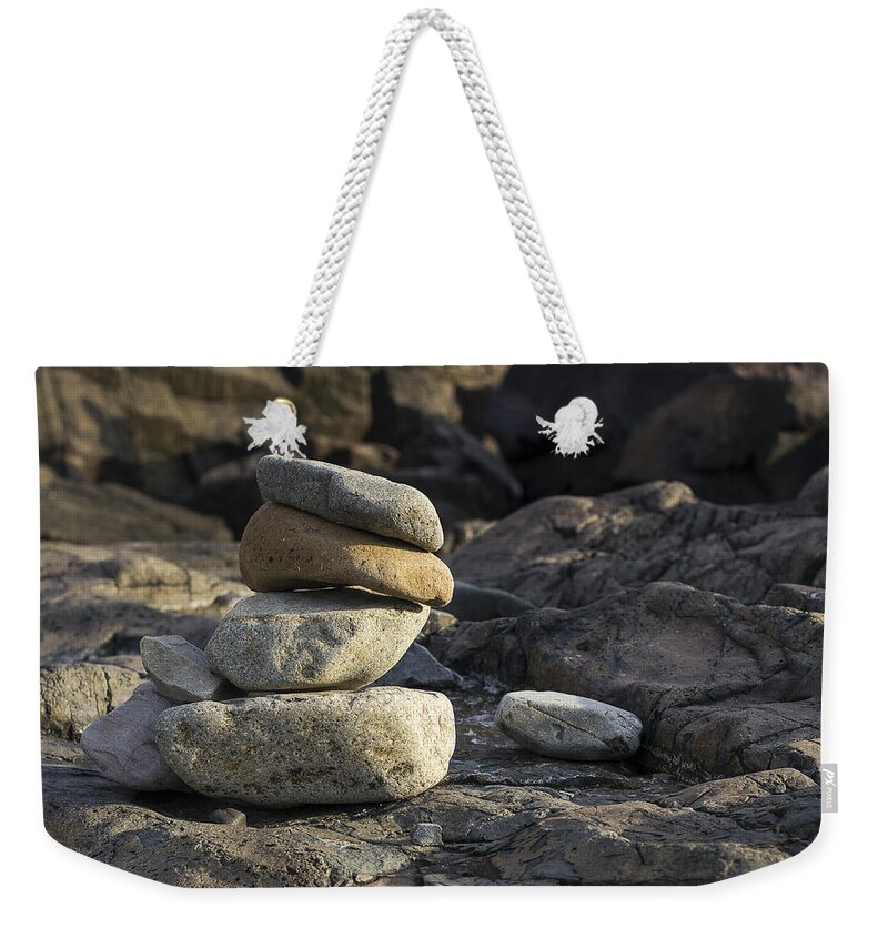 Atlantic Weekender Tote Bag featuring the photograph Marginal Way Cairn - York - Maine by Steven Ralser