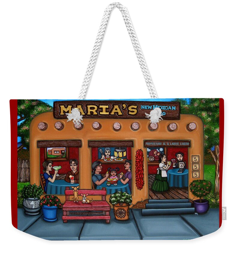 Folk Art Weekender Tote Bag featuring the painting Maria's New Mexican Restaurant by Victoria De Almeida