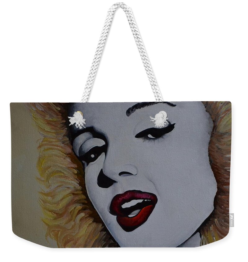 A Portrait Of Marilyn Monroe In Her Young Years In Hollywood. Marilyns Face Is Painted In Black And White While Her Hair Is Blonde And The Lips Are Red. I Painted Her Face White Because I Wanted A Dramatic Contrast To Her Blonde.  Weekender Tote Bag featuring the painting Marilyn Monroe 1 by Martin Schmidt