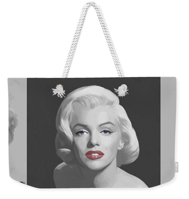 Marilyn Weekender Tote Bag featuring the painting Marilyn Trio Red Lips Blue Eyes by Chris Consani