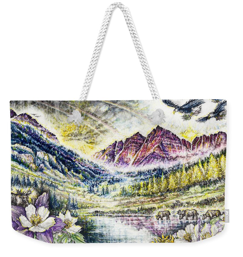Landscape Weekender Tote Bag featuring the drawing Maroon Bells by Scott and Dixie Wiley