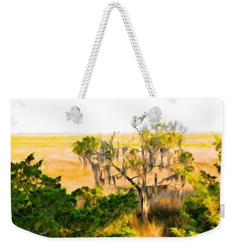 Marsh Weekender Tote Bag featuring the photograph Marsh Cedar Tree and Moss by Ginger Wakem