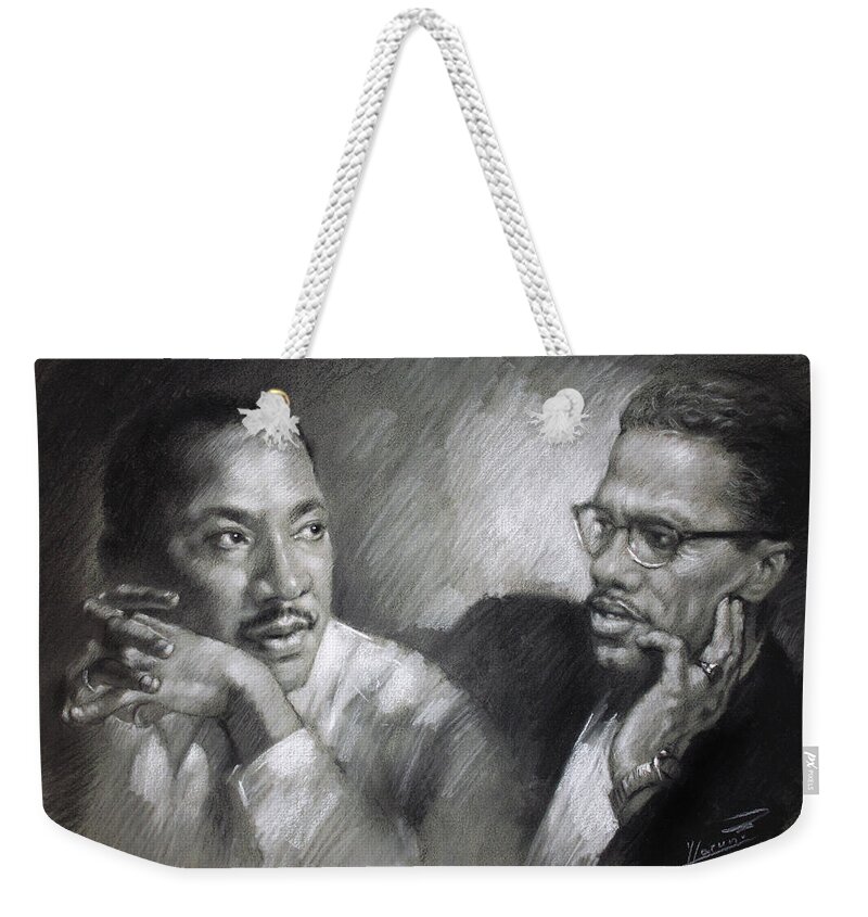 Malcolm X Weekender Tote Bag featuring the drawing Martin Luther King Jr and Malcolm X by Ylli Haruni