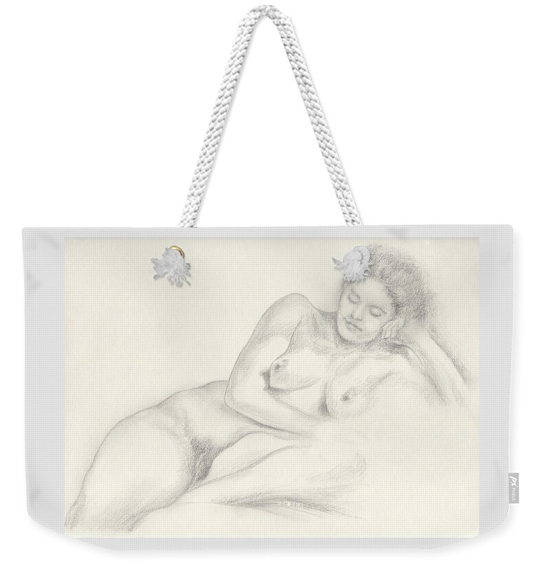 Female Nude Weekender Tote Bag featuring the drawing Martina Lounging on Her Left Side Her Head Propped Upon Her Left Hand by Scott Kirkman