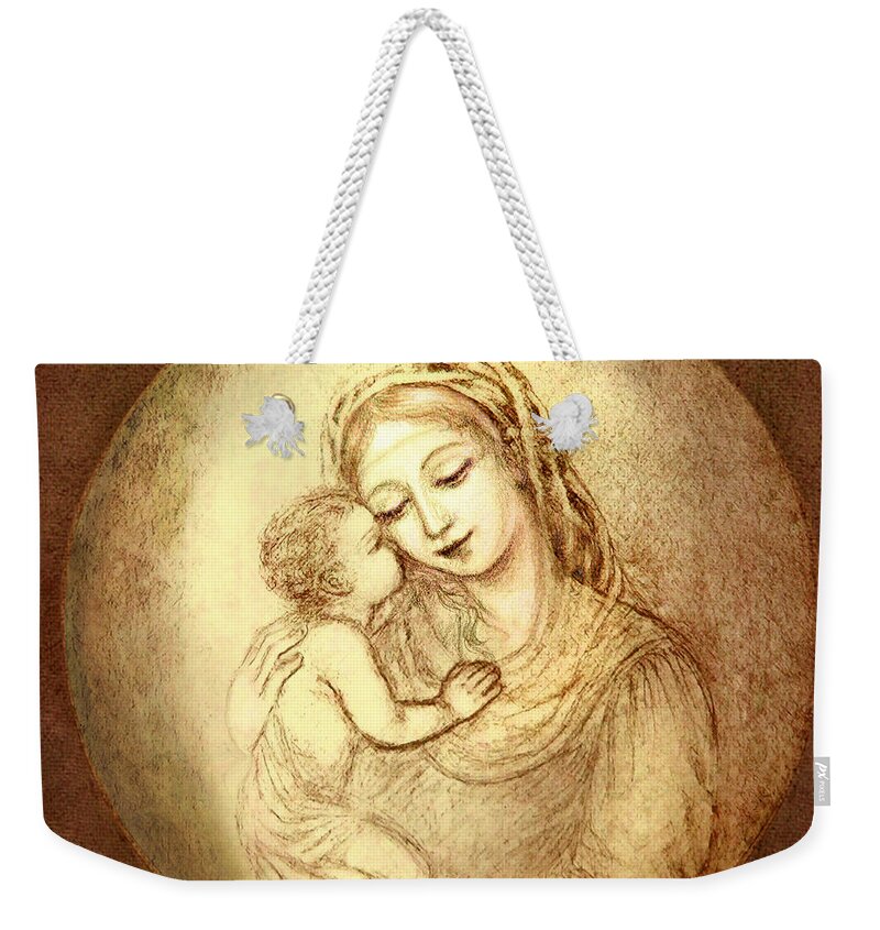 Madonna And Child Weekender Tote Bag featuring the mixed media Mary and Jesus by Ananda Vdovic