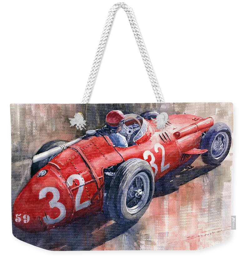 Watercolor Weekender Tote Bag featuring the painting Maserati 250F J M Fangio Monaco GP 1957 by Yuriy Shevchuk