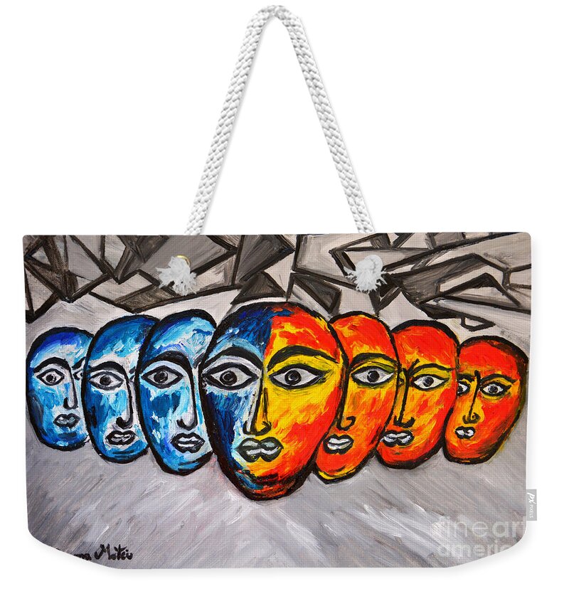 Masks Weekender Tote Bag featuring the painting Masks by Ramona Matei