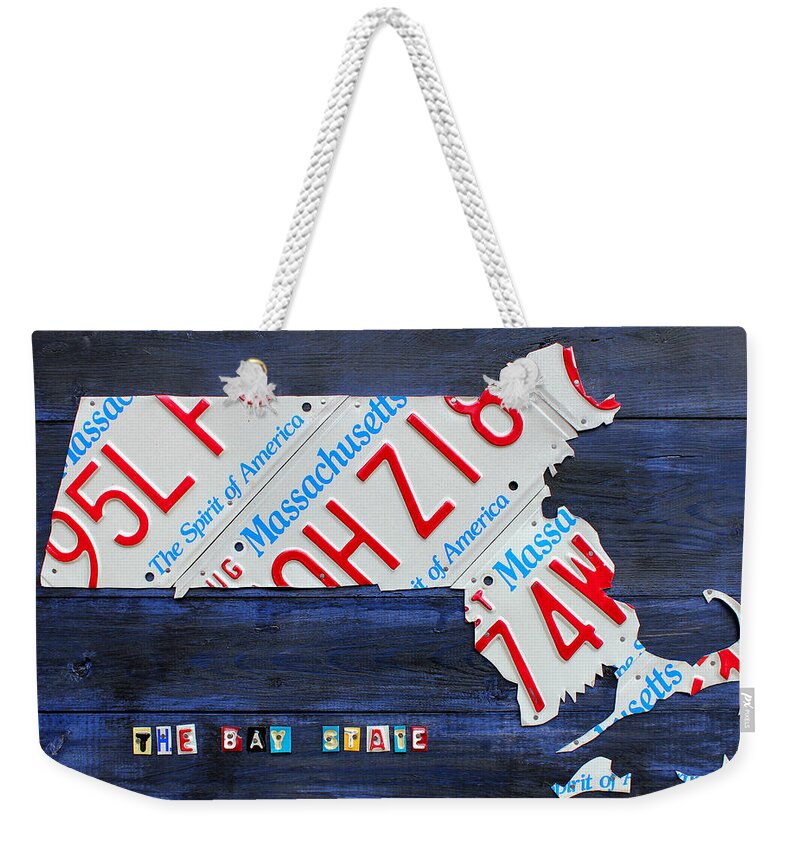 Massachusetts Weekender Tote Bag featuring the mixed media Massachusetts License Plate Map by Design Turnpike