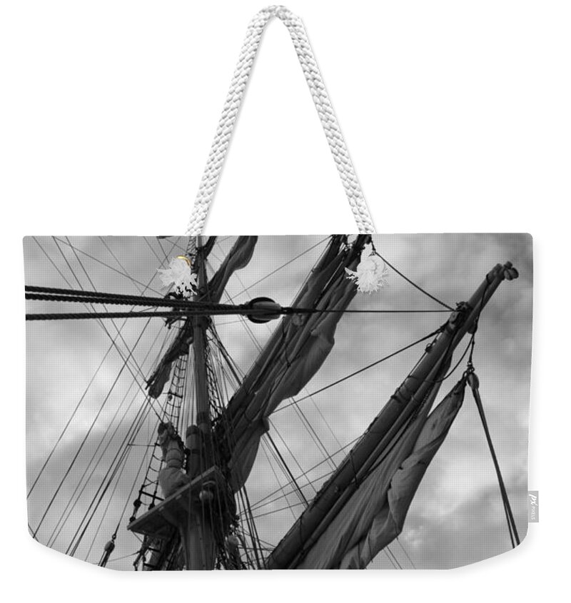 Adventure Weekender Tote Bag featuring the photograph Mast and sails of a brig - monochrome by Ulrich Kunst And Bettina Scheidulin